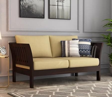 Solid Sheesham Wood Wooden 2 Seater Sofa Set for Living Room | Sofa for Home with Cousins Seat | Home Furniture, Brown (2S-W-Cream)