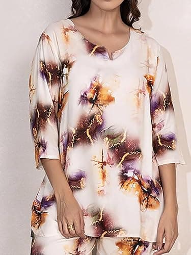 TITTLI Rayon Fabric All Over Printed Mandarin Collar Tunic & Trouser Co-Ord Set for Women | Three-Quarter Sleeves & Elastic Waist Bottom | Casual Wear | L, XL, XXL, 3XL | Co-Ord Set 5