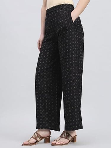 GO COLORS Soft Viscose Printed Palazzo Full Length for Women| Breathable, Mid Rise, Black 2