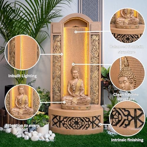 EXPLEASIA Slate Buddha 4ft Water Fountain for Home Office Garden Indoor Fountain Big Size Water Fountain for Garden Fountain for Home vastu (Beige) 5