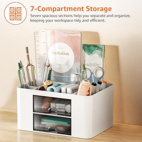 Amazon Basics Desk Organiser with 7 Compartments | 19.7 × 14.2 × 10 cm | White | Durable Plastic | Pack of 2 3