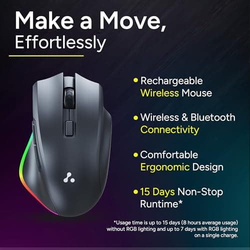 Ambrane Wireless & Bluetooth Rechargeable RGB Lights Mouse, High 2400 DPI for Gaming, 6 Buttons, Ergonomic Design for Smartphone, Connects 3 Devices, Silent Click, 15 Days Battery (Sliq Glow+, Black) 2