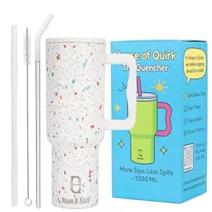 House of Quirk 1200ML Stainless Steel Tumbler with Handle & Lid, 2 Straws – Large Travel Mug Water Cup for Gym, Office & Outdoor Use (Cream Paint)