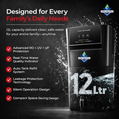Core Aquatech Aroma RO Water Purifier | RO+UV+UF+Copper+TDS Control | LED Indicator | 12 Liters | 20LPH Flow | Ideal for Borewell, Tanker, Municipal Water .Black 3