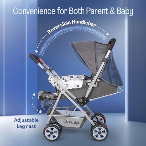 LuvLap Sunshine Baby Stroller/Pram for 0 to 3 Years, New Born/Toddler/Kid, 5 Point Safety Harness, Adjustable backrest, 360° Swivel Wheel, Large Storage Basket, Reversible Handlebar(Navy Blue) 4