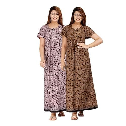 NILOUFO Women’s Cotton Maxi Nighty Pack of 2 | Soft Printed Ankle-Length Night Dresses | Free Size Comfortable Sleepwear Gown for Ladies (Brown,Purple, Free Size)