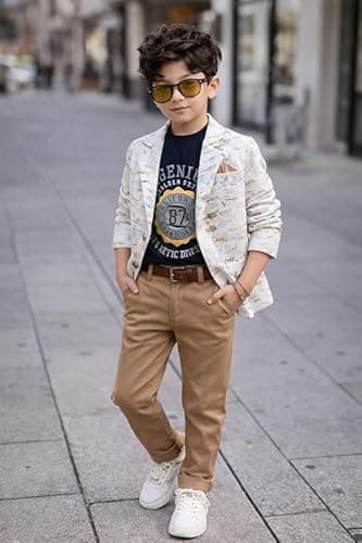 Boys 3-Piece Outfit Set, White Printed Blazer with T-Shirt and Pants, Cotton Blend, Classic Style, Long Sleeve, Wedding Occasion (Beige, 3-4 Years) 2