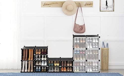 AYSIS 𝟔 𝐓𝐢𝐞𝐫 Shoe Rack for Home with Transparent Doors, Modular Dustproof Shoe Storage Cabinet, Foldable Plastic Space Saving Shoe Stand Organizer for Entryway, Bedroom & Living Room - Black 4