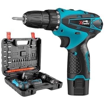XTOOLS 12V Cordless Screwdriver Drill | Soft Grip, 2 Modes, Variable Speed, Forward & Reverse | 2 Batteries, Adapter & Accessories | Professional Construction & DIY Tool (Blue & Black)