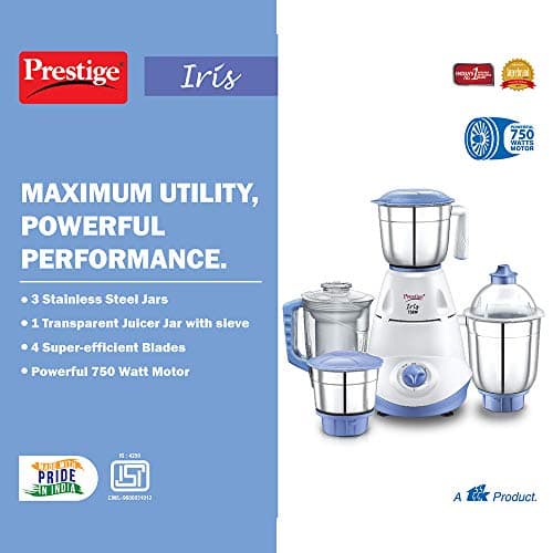 Prestige Iris 750 Watt Mixer Grinder with 3 Stainless Steel Jar + 1 Juicer Jar (White and Blue) + Prestige Svachh Deluxe Alpha 3.0 Litre Stainless Steel Pressure Cooker 4
