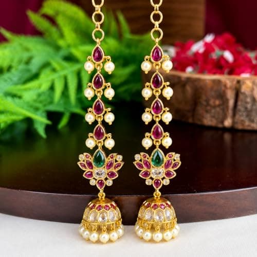 Dvina Glow Premium South Indian Lotus Mattal Jhumka Earrings | Ruby Green Kemp Stone Temple Jewellery | Long Pearl Hanging Bridal Earrings for Women 2