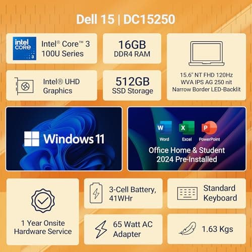 Dell 15, Intel Core 3 14th Gen-100U, 16GB DDR4, 512GB SSD, FHD IPS, 15.6"/39.62cm, Windows 11, Microsoft Office Home 2024, Carbon Black, 1.63Kg, Thin & Light, Laptop Model NO - Dell 15 DCU5250 3
