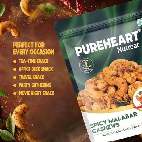 Pureheart Spicy Malabar Cashews 80g | Roasted Masala Kaju with Curry Leaves | Premium Crunchy Flavored Cashew Nuts | Healthy Snack, Protein Rich Dry Fruits | Spicy Roasted Nuts Pack 5