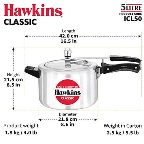 Hawkins Aluminium 5 Litre Classic Pressure Cooker, Induction Inner Lid Cooker, Pan Cooker, Best Cooker, Silver (Icl50) 4