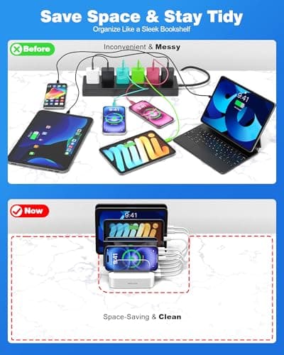 MSTJRY Charging Station for Multiple Devices : 6 Port USB Charger Stations - Family Multi-Device Organizer Charging Dock - Designed for iPhone iPad Android Cell Phone Tablet and Electronic, White 5