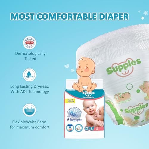 Amazon Brand - Supples Premium Baby Diaper Pants | 156 Baby Diapers | Small | 4-8 Kg | 78 x 2 Packs | 12 Hrs Absorption | Cushiony Cotton Soft Fabric | Phthalates-Free | Triple Leak Guard 4