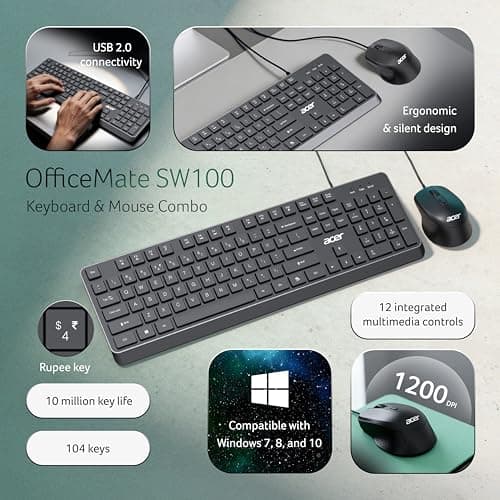 Acer OfficeMate Wired Keyboard Mouse Combo | Full Size 104 Keys Keyboard with Multimedia Keys | 1200 DPI Optical Mouse | USB Plug & Play | Silent Typing | Ergonomic Design | Windows Compatible I Black 2