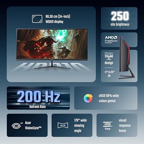 Acer Nitro ED340CUR X0 34 Inch UWQHD Curved Gaming Monitor | 3440x1440 VA Panel | 200Hz (DP) | 1ms VRB | AMD FreeSync Premium | HDR10 | 1500R | 2x HDMI 2.1 + DP 1.4 | Easy Tilt | Speakers | VisionCare 2