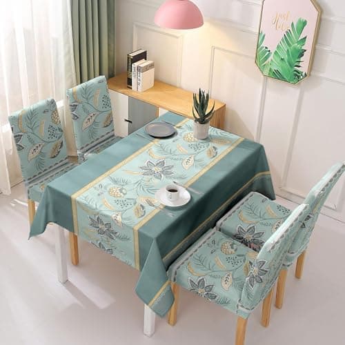 Styleys Dining Chair Covers with Rectangular Table Cover | Waterproof Dining Table Cloth for Dining Room - 1 Table Cover + 4 Chair Cover, Teal Gold Bloom, XKFSZB-5A