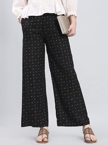 GO COLORS Soft Viscose Printed Palazzo Full Length for Women| Breathable, Mid Rise, Black 4
