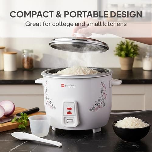 CELLO Iris Electric Rice Cooker with Single Pot 1.5L White | 500W Power, Removable Aluminium Non-Stick Bowl with SS Lid, Cool Touch Handle, One Touch Automatic Warm Function, For Rice Pulao Maggi Soup 5