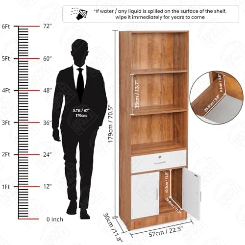ABOUT SPACE 6 ft Book Shelf - Wooden Book Rack with 3 Open Shelves 1 Lockable Drawer & 1 Closed Cabinet with Magnetic Door Easy to Assemble Display Cabinet for Home (Teak, White-L 57 x B 30 x H 179cm) 2
