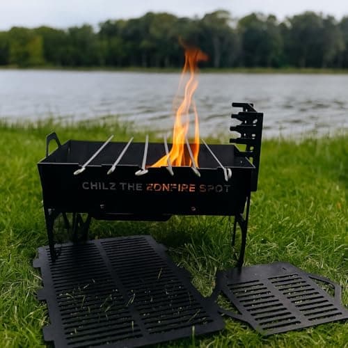 Chilz The Bonfire Spot Portable Outdoor BBQ Grill, Black Steel Fire Pit, Camping Barbecue Stand with Handles