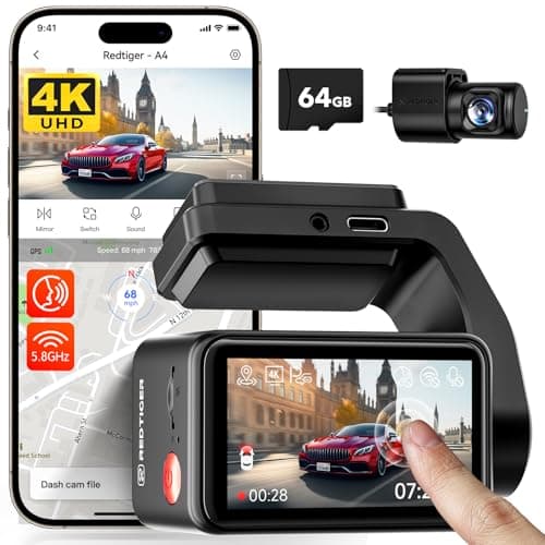 REDTIGER A4 4K+1080P Dual Dash Cam for Car, Clear Night View, 5.8GHz WiFi with App Control, GPS Tracking, Voice Control, Smart Touchscreen, 64GB Card Included, 24H Parking Monitor