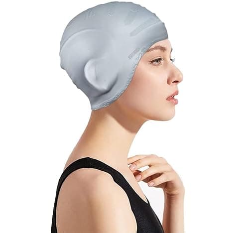 Tec Tavakkal® Latest Designed Long Hair Swim Cap,Waterproof Silicone Swimming Cap for Adult Woman and Men,Keeps Hair Clean with Ear Protector (Silver) 4