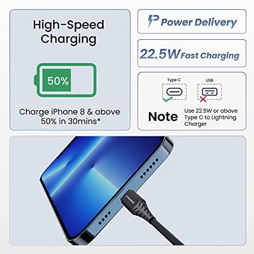 Ambrane Type-C to Lightning USB Cable, 22.5W Fast Charging, 480Mbps Data Sync Cable Compatible with iPhone, iPad, Macbook, iMac, AirPods, 1.25m (RTL-125 Black) 2