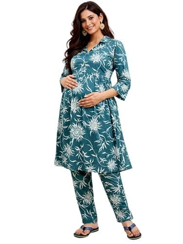 RITIJYA Pure Cotton Feeding Kurta Pant Set for Women | Floral Anarkali Pregnancy Dress with Concealed Nursing Zipper Side Pocket | Pre & Post Partum | Maternity Baby Shower Outfit(9320_38, Teal Blue)