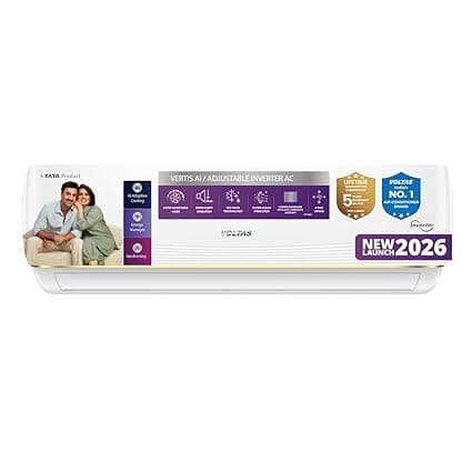 Voltas 1.5 ton 5 Star, New star rated, Inverter Split AC (Copper, Convertible 6-in-1 cooling modes, Ai Enabled, 4-way Swing, Sleep Mode, Auto Clean (185INV VERTIS AI ZEST GOLD, White)