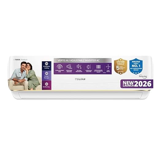 Voltas 1.5 ton 5 Star, New star rated, Inverter Split AC (Copper, Convertible 6-in-1 cooling modes, Ai Enabled, 4-way Swing, Sleep Mode, Auto Clean (185INV VERTIS AI ZEST GOLD, White)