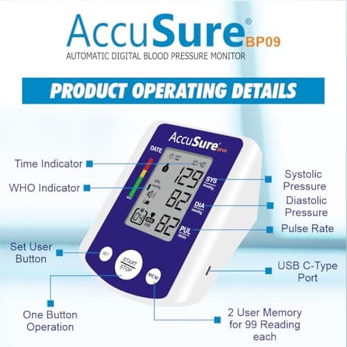 AccuSure BP09 Digital Blood Pressure Monitor – Automatic Upper Arm BP Machine for Home Use, Large Display, WHO Indicator, Dual User Memory, Adjustable Cuff (22–40 cm), USB Type-C & Battery Powered | 2 5