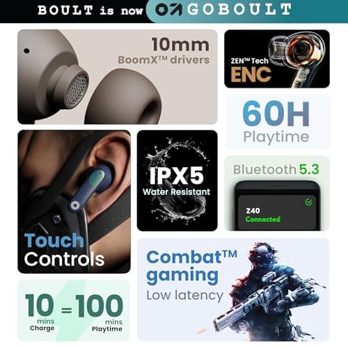 GOBOULT Z40 True Wireless in Ear Earbuds with 60H Playtime, Zen™ ENC Mic, Low Latency Gaming, Type-C Fast Charging, Made in India, 10mm Rich Bass Drivers, IPX5, Ear Buds TWS (Black) 3