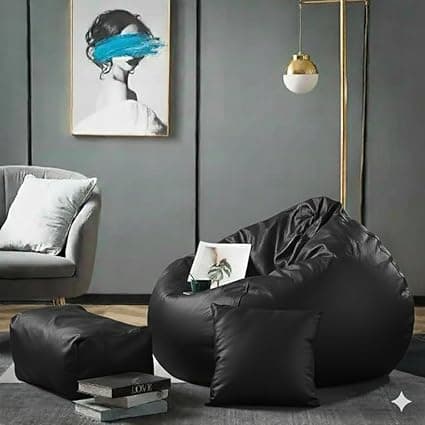 Luxury 5XL Jumbo Bean Bag with Footrest & Cushion | Premium Leatherette | High-Density Beans Filled | Heavy Duty Double Stitch | 6 Months Warranty Color- (Navy Blue) (Black)