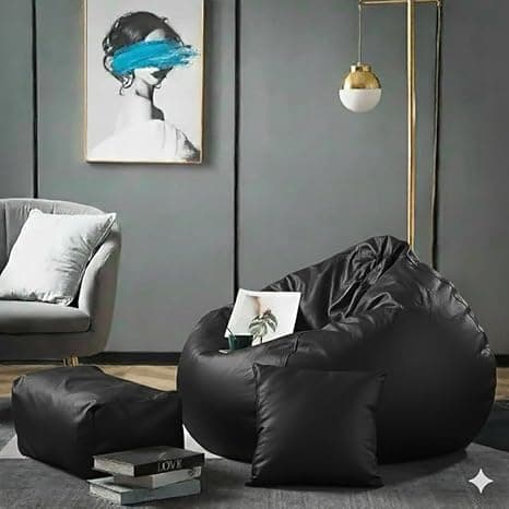 Luxury 5XL Jumbo Bean Bag with Footrest & Cushion | Premium Leatherette | High-Density Beans Filled | Heavy Duty Double Stitch | 6 Months Warranty Color- (Navy Blue) (Black)