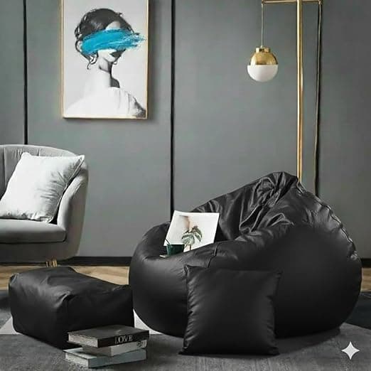 Luxury 5XL Jumbo Bean Bag with Footrest & Cushion | Premium Leatherette | High-Density Beans Filled | Heavy Duty Double Stitch | 6 Months Warranty Color- (Navy Blue) (Black)