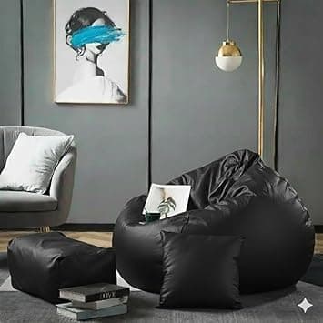 Luxury 5XL Jumbo Bean Bag with Footrest & Cushion | Premium Leatherette | High-Density Beans Filled | Heavy Duty Double Stitch | 6 Months Warranty Color- (Navy Blue) (Black)