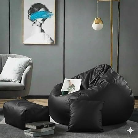 Luxury 5XL Jumbo Bean Bag with Footrest & Cushion | Premium Leatherette | High-Density Beans Filled | Heavy Duty Double Stitch | 6 Months Warranty Color- (Navy Blue) (Black)