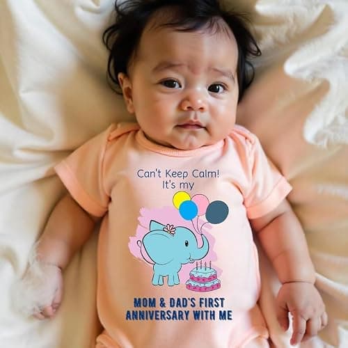 KNITROOT Mom & Dad Family Special Onesies, Unisex Baby Kids Cotton Lycra Envelope Neck Half Sleeve Peach Romper, Bodysuit, Sleepsuit, Mom & Dad First Anniversary, 3-6 Months, Infant Cloths 2