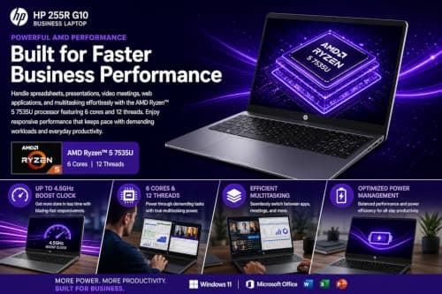 HP 255R G10 Business Laptop | AMD Ryzen 5 7535U | 15.6" FHD Display | 24GB DDR5 RAM | 512GB NVMe SSD | Windows 11 Home | MS Office | AMD Radeon Graphics | Dark Ash Silver | 1 Year Warranty 3