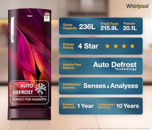 Whirlpool 236 L 4 Star Frost Free Inverter Direct-Cool Single Door Refrigerator (Auto-Defrost, Intellisense Inverter, 260 IMPRO PLUS ROY 4S WINE Breeze-Z) 3