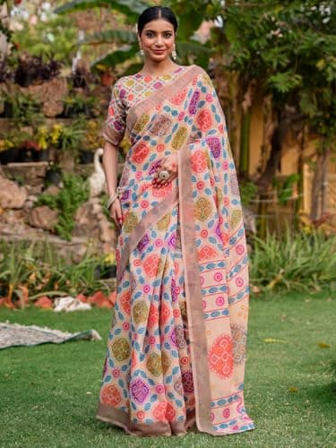 SIRIL Women's Cotton Linen Bandhani Printed Saree with Unstitched Blouse Piece (5277S757_Peach) 2