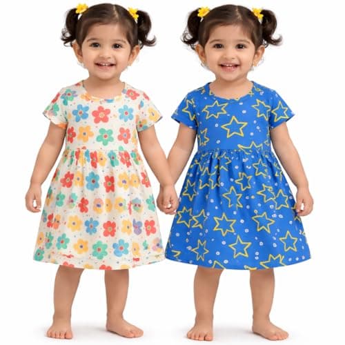 NammaBaby Baby Girls Cotton Frock Dress Pack of 2 | Soft & Breathable Summer Wear | Cute Printed Dresses | 2-3 Years