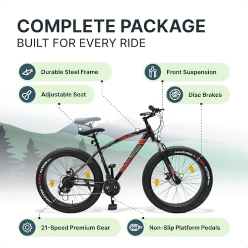 Urban Terrain Rogue Steel Fat Tyre Cycle 26 inch MTB (21 Speed) Gear Bicycle for Men/Boys with Front Suspension & Dual Disc Brake Mountain Bike | Ideal for 13+ Years, Frame Size :18 inch (Black) 2