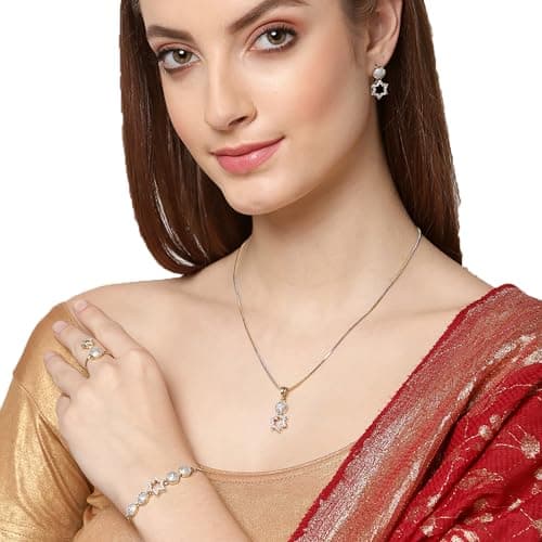 ZENEME Jewellery Set for Women American Diamond Star Shaped Necklace Set with Earrings, Bracelet and Ring Jewellery for Girls and Women 3