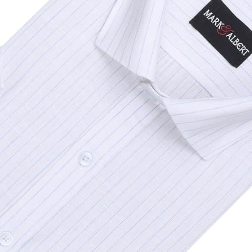 MARK & ALBERT Men's Half Sleeve Cotton Linen Striped Shirt Pure White 2