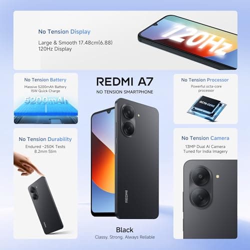 REDMI A7 4G (Black, 3 GB RAM, 64GB Storage) | Large 17.48cm (6.88) Smooth 120Hz Display | 5200mAh 2-Day Battery | Royale Design | Charger in the Box 3