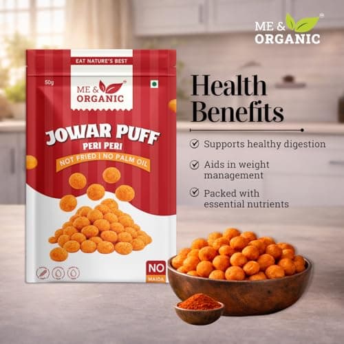 ME&ORGANIC Jowar Puffs Peri Peri Flavor | Healthy Roasted Sorghum Snacks | Gluten-Free, High Fiber, Light & Crunchy Snack | No Maida, No Preservatives | 50g Pack (Pack of 5) 5